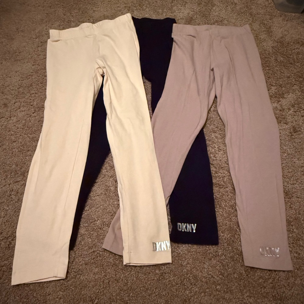 DKNY Girls Leggings 3 Pack Size 7/8 Black Tan Cream Black Logo Stretch Pants